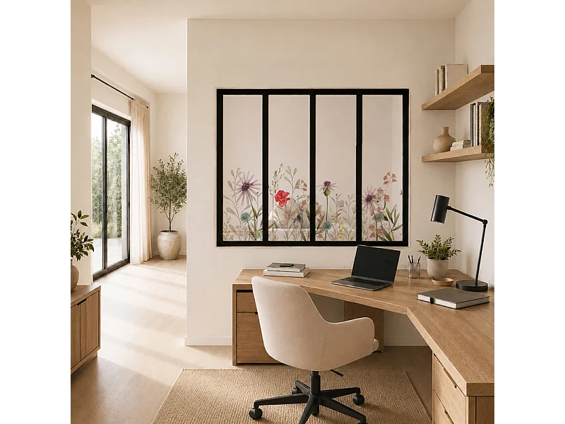 Verrière atelier intérieure aluminium noir 4 vitrages 135 x 117 cm - Décor végétal - Herbier - rouge et vert et transparent - Verre trempé