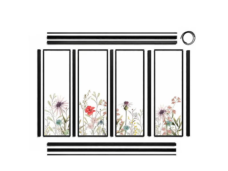 Verrière atelier intérieure aluminium noir 4 vitrages 135 x 117 cm - Décor végétal - Herbier - rouge et vert et transparent - Verre trempé