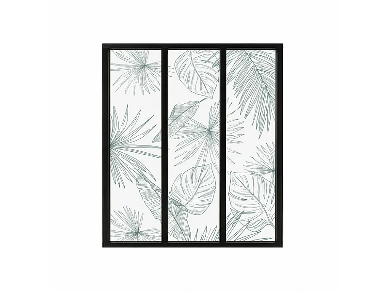 Verrière atelier intérieure aluminium noir 3 vitrages 102 x 117 cm - Décor végétal - Lamnar Vert - vert et transparent - Verre trempé