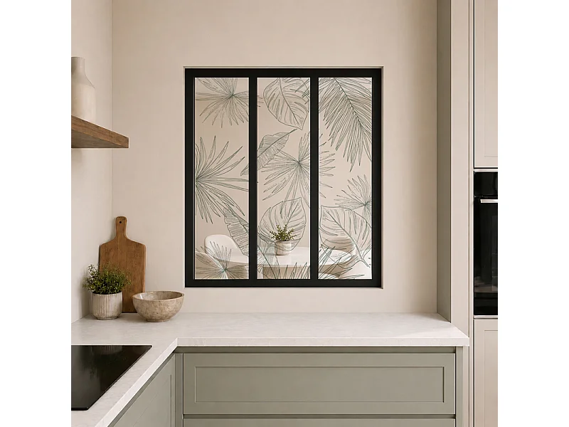 Verrière atelier intérieure aluminium noir 3 vitrages 102 x 117 cm - Décor végétal - Lamnar Vert - vert et transparent - Verre trempé