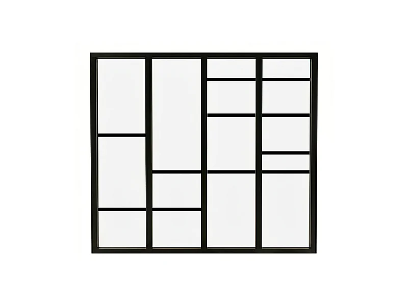 Verrière atelier intérieure aluminium noir 4 vitrages 135 x 117 cm - Décor géométrique - Horizon - noir et transparent - Verre trempé