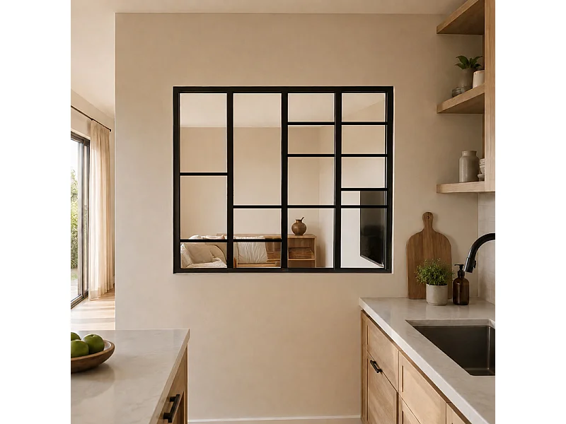 Verrière atelier intérieure aluminium noir 4 vitrages 135 x 117 cm - Décor géométrique - Horizon - noir et transparent - Verre trempé