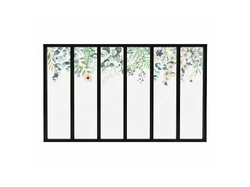 Verrière atelier intérieure aluminium noir 6 vitrages 201 x 117 cm - Décor végétal - Flowers in Rain - vert et transparent - Verre trempé