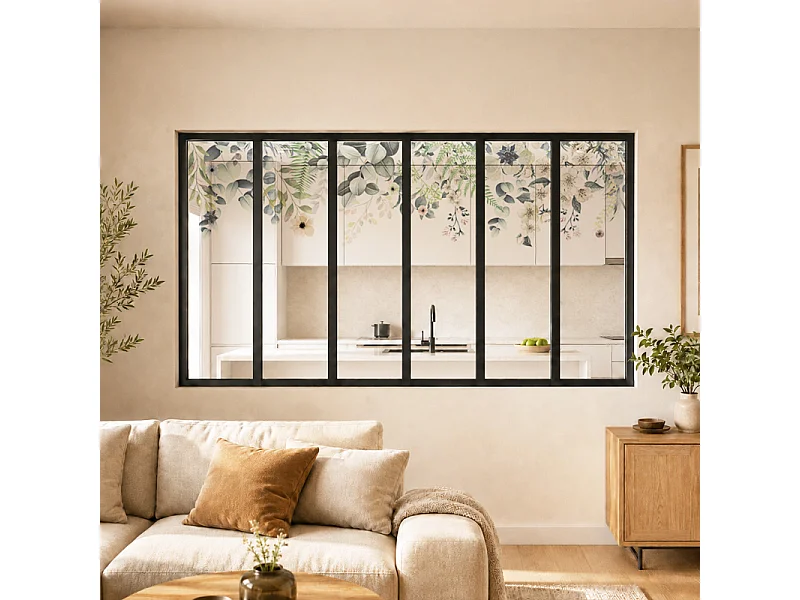 Verrière atelier intérieure aluminium noir 6 vitrages 201 x 117 cm - Décor végétal - Flowers in Rain - vert et transparent - Verre trempé