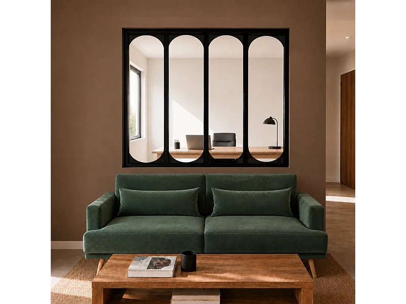 Verrière atelier intérieure aluminium noir 4 vitrages 135 x 117 cm - Décor art déco - Totem - noir et transparent - Verre trempé