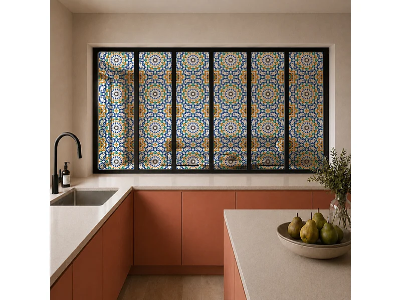 Verrière atelier intérieure aluminium noir 6 vitrages 201 x 117 cm - Décor oriental - Zeljane - bleu et multicolore et transparent - Verre trempé