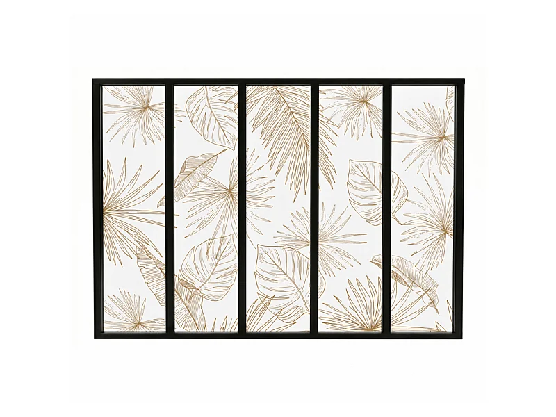 Verrière atelier intérieure aluminium noir 5 vitrages 168 x 117 cm - Décor végétal - Lamnar Kola - ocre et transparent - Verre trempé