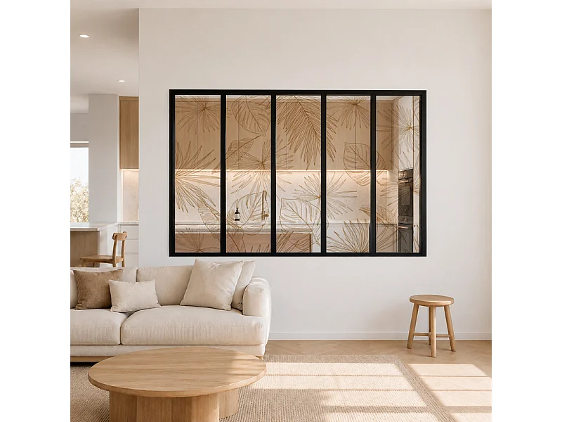 Verrière atelier intérieure aluminium noir 5 vitrages 168 x 117 cm - Décor végétal - Lamnar Kola - ocre et transparent - Verre trempé