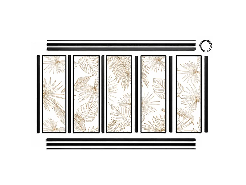Verrière atelier intérieure aluminium noir 5 vitrages 168 x 117 cm - Décor végétal - Lamnar Kola - ocre et transparent - Verre trempé