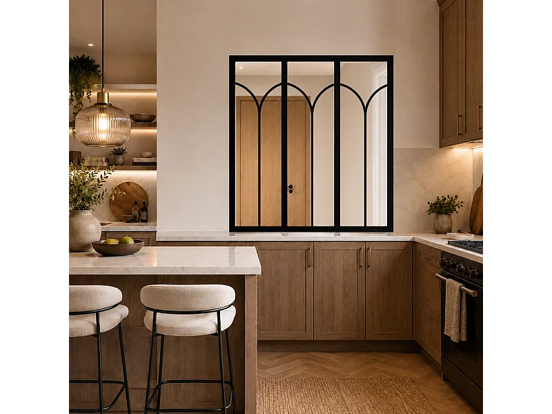 Verrière atelier intérieure aluminium noir 3 vitrages 102 x 117 cm - Décor art déco - Arcade - noir et transparent - Verre trempé