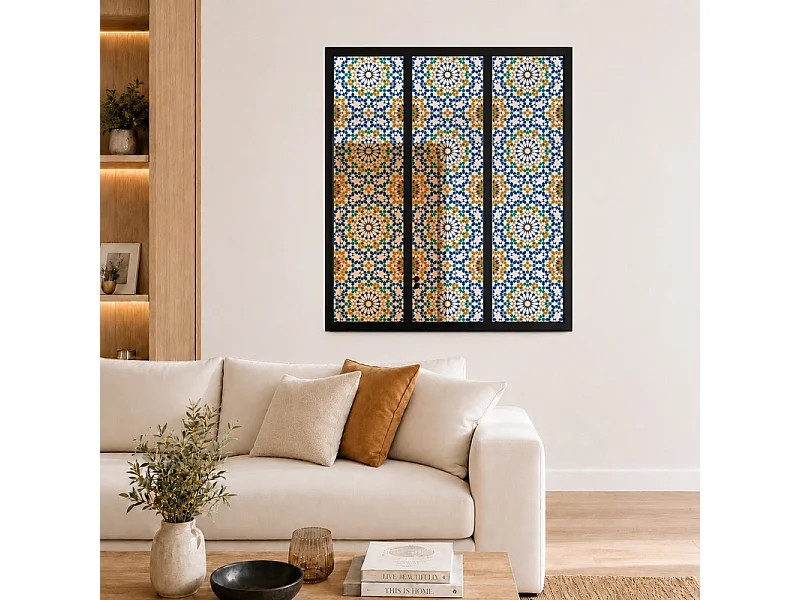 Verrière atelier intérieure aluminium noir 3 vitrages 102 x 117 cm - Décor oriental - Zeljane - bleu et multicolore et transparent - Verre trempé