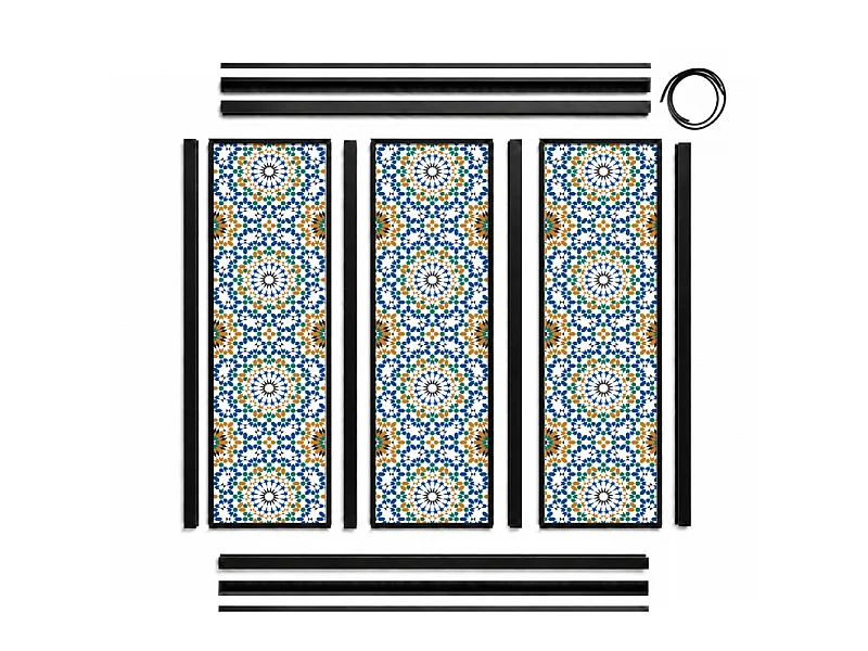 Verrière atelier intérieure aluminium noir 3 vitrages 102 x 117 cm - Décor oriental - Zeljane - bleu et multicolore et transparent - Verre trempé