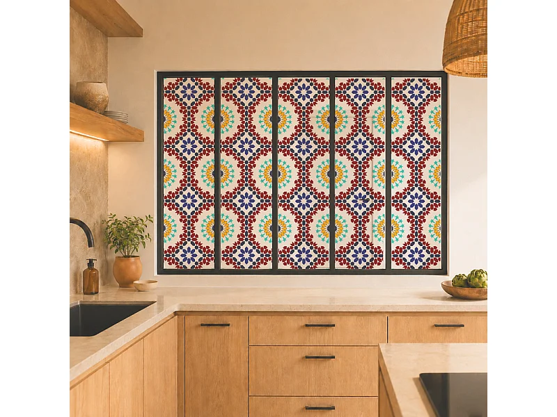 Verrière atelier intérieure aluminium noir 5 vitrages 168 x 117 cm - Décor oriental - Taljane - bleu et multicolore et transparent - Verre trempé