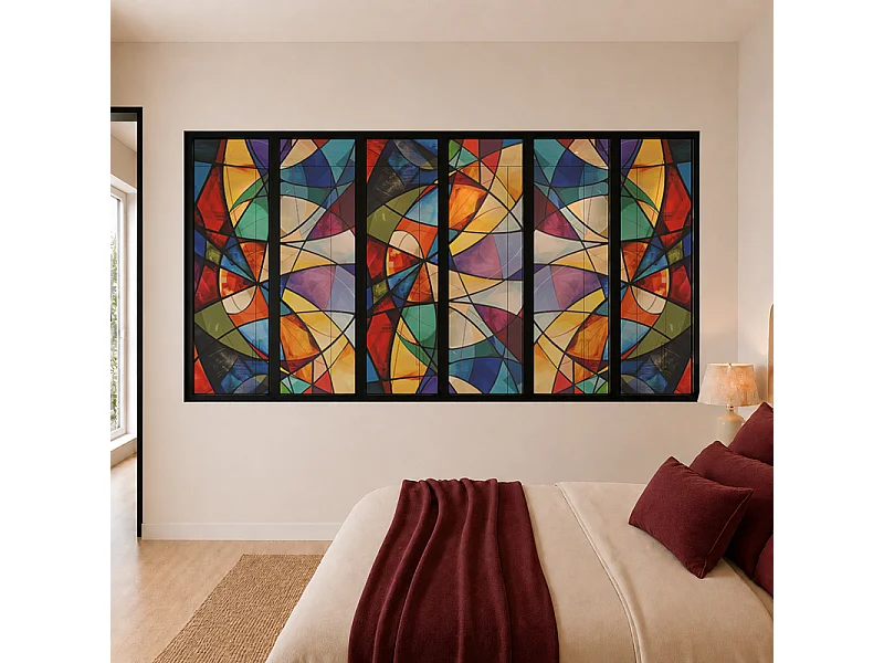 Verrière atelier intérieure aluminium noir 6 vitrages 201 x 117 cm - Décor géométrique - Virtuoso - multicolore et transparent - Verre trempé