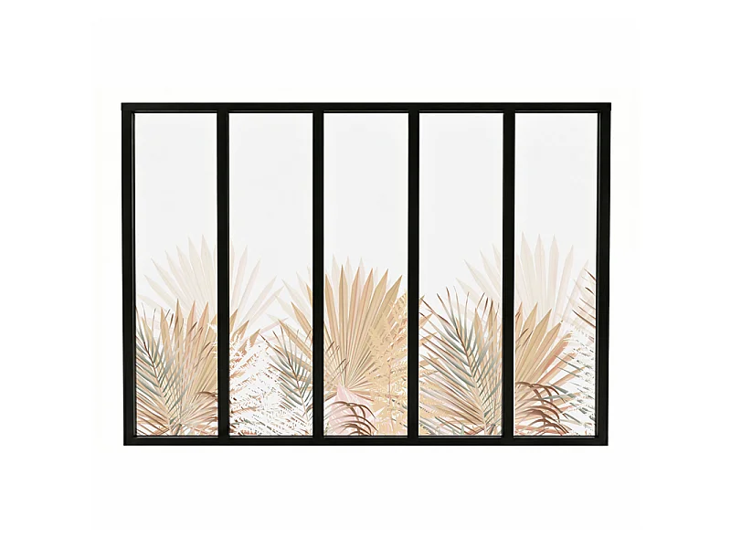 Verrière atelier intérieure aluminium noir 5 vitrages 168 x 117 cm - Décor végétal - Gaïa - beige et transparent - Verre trempé