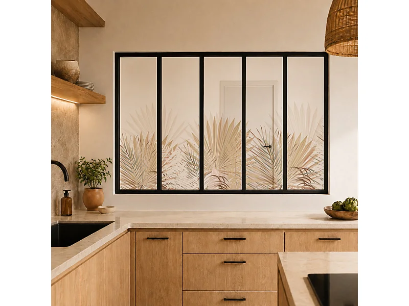 Verrière atelier intérieure aluminium noir 5 vitrages 168 x 117 cm - Décor végétal - Gaïa - beige et transparent - Verre trempé