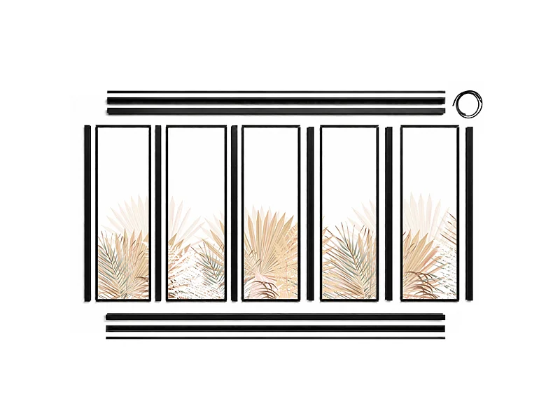 Verrière atelier intérieure aluminium noir 5 vitrages 168 x 117 cm - Décor végétal - Gaïa - beige et transparent - Verre trempé