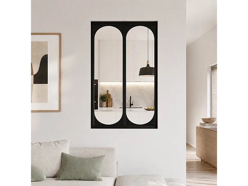 Verrière atelier intérieure aluminium noir 2 vitrages 69 x 117 cm - Décor art déco - Totem - noir et transparent - Verre trempé
