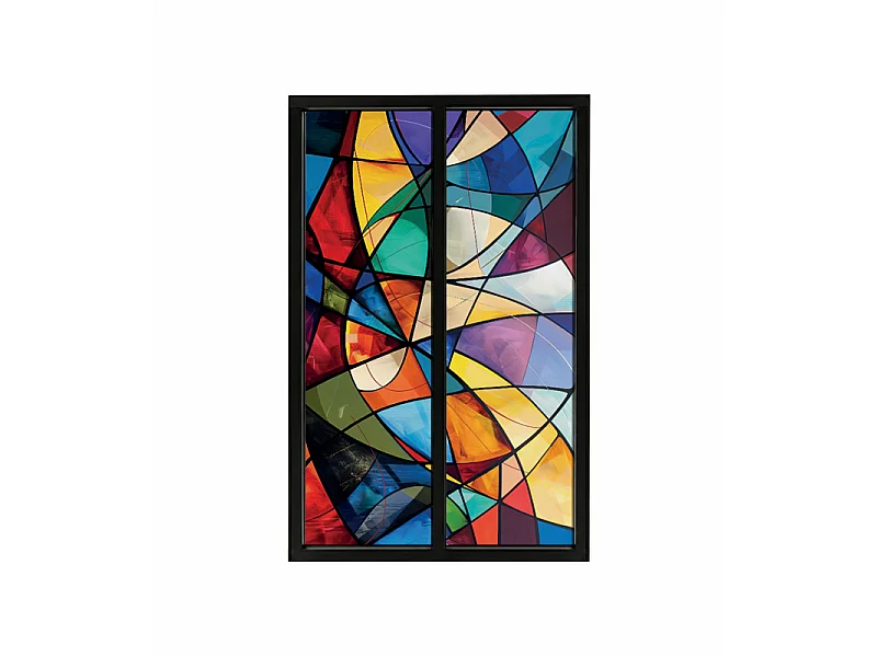 Verrière atelier intérieure aluminium noir 2 vitrages 69 x 117 cm - Décor géométrique - Virtuoso - multicolore et transparent - Verre trempé
