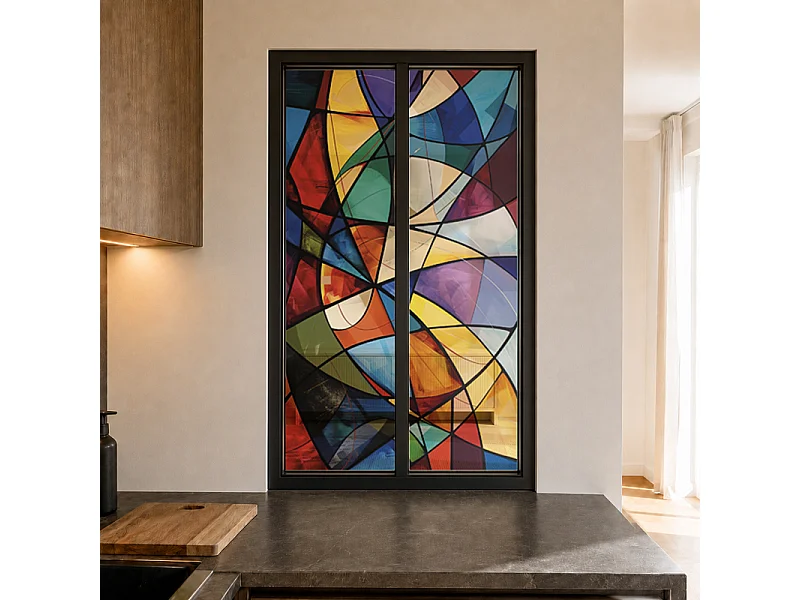 Verrière atelier intérieure aluminium noir 2 vitrages 69 x 117 cm - Décor géométrique - Virtuoso - multicolore et transparent - Verre trempé