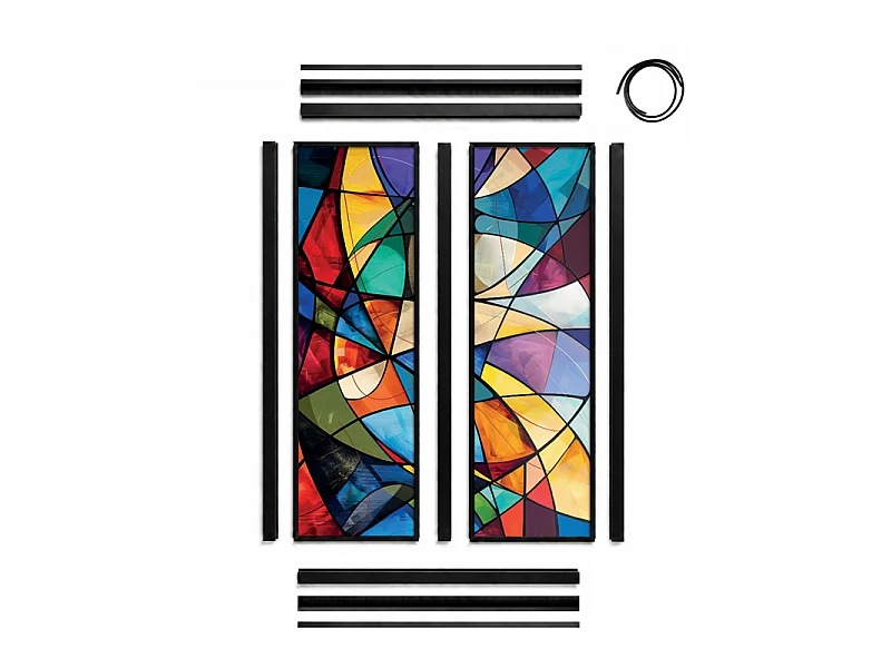 Verrière atelier intérieure aluminium noir 2 vitrages 69 x 117 cm - Décor géométrique - Virtuoso - multicolore et transparent - Verre trempé