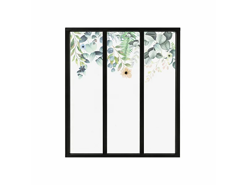 Verrière atelier intérieure aluminium noir 3 vitrages 102 x 117 cm - Décor végétal - Flowers in Rain - vert et transparent - Verre trempé
