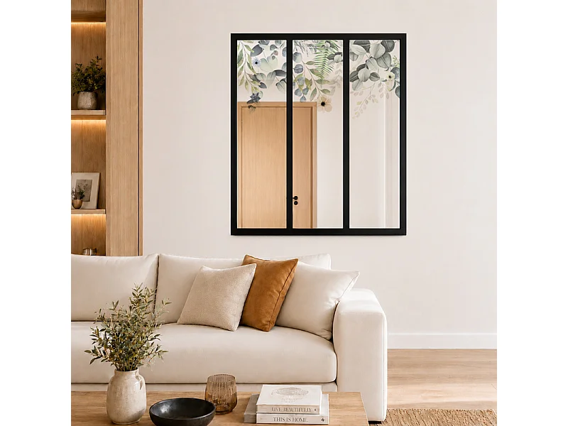 Verrière atelier intérieure aluminium noir 3 vitrages 102 x 117 cm - Décor végétal - Flowers in Rain - vert et transparent - Verre trempé