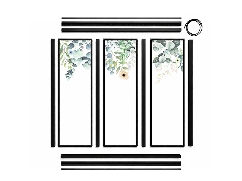 Verrière atelier intérieure aluminium noir 3 vitrages 102 x 117 cm - Décor végétal - Flowers in Rain - vert et transparent - Verre trempé