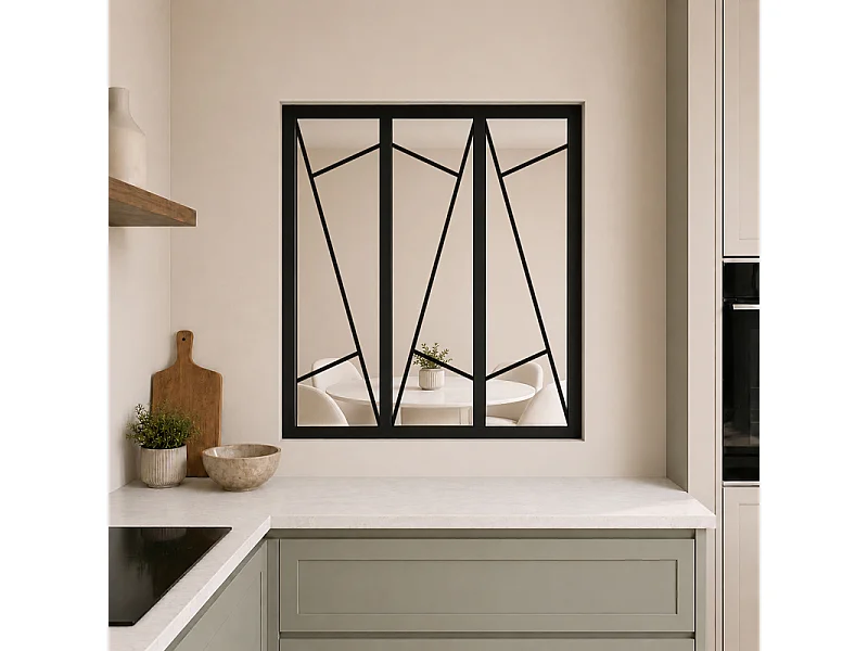 Verrière atelier intérieure aluminium noir 3 vitrages 102 x 117 cm - Décor art déco - Prisme - noir et transparent - Verre trempé