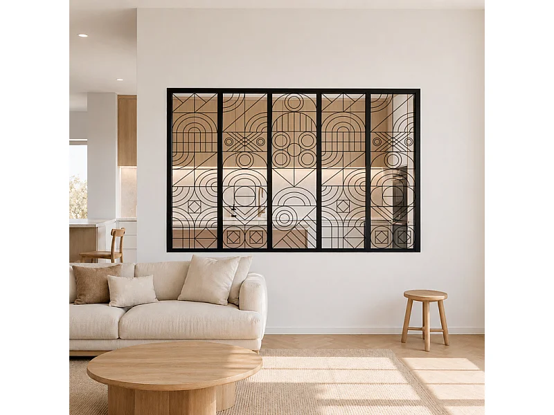 Verrière atelier intérieure aluminium noir 5 vitrages 168 x 117 cm - Décor géométrique - Kaléido - noir et transparent - Verre trempé
