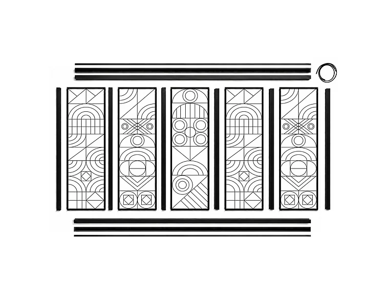 Verrière atelier intérieure aluminium noir 5 vitrages 168 x 117 cm - Décor géométrique - Kaléido - noir et transparent - Verre trempé