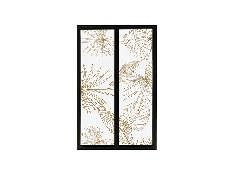 Verrière atelier intérieure aluminium noir 2 vitrages 69 x 117 cm - Décor végétal - Lamnar Kola - ocre et transparent - Verre trempé