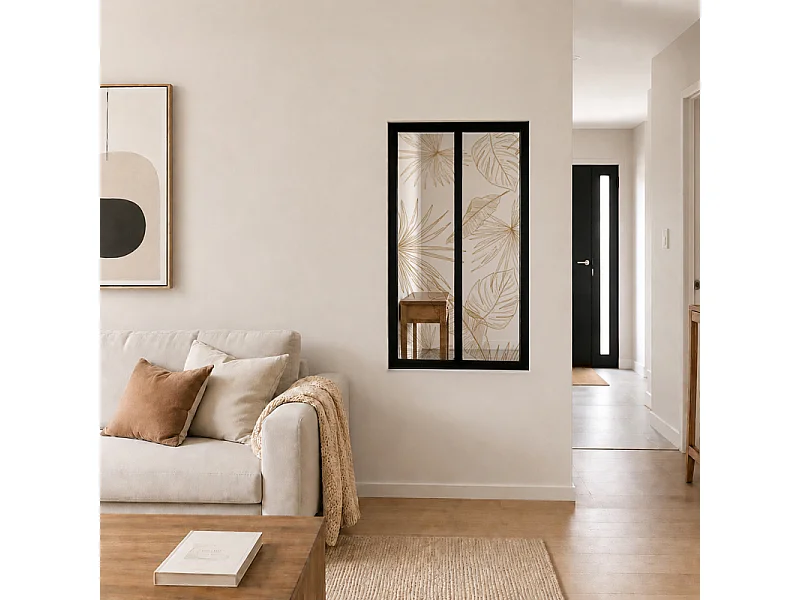Verrière atelier intérieure aluminium noir 2 vitrages 69 x 117 cm - Décor végétal - Lamnar Kola - ocre et transparent - Verre trempé
