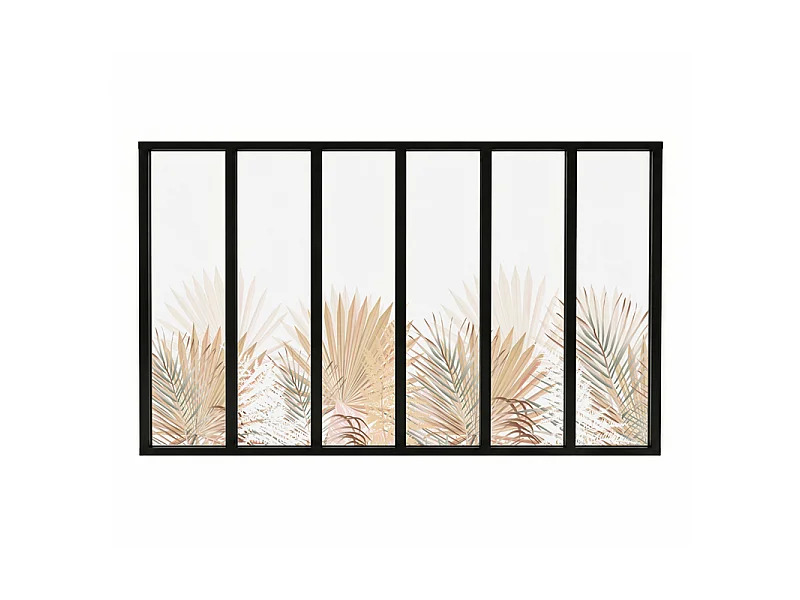 Verrière atelier intérieure aluminium noir 6 vitrages 201 x 117 cm - Décor végétal - Gaïa - beige et transparent - Verre trempé