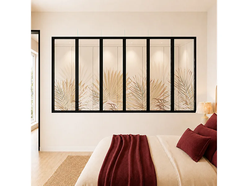 Verrière atelier intérieure aluminium noir 6 vitrages 201 x 117 cm - Décor végétal - Gaïa - beige et transparent - Verre trempé