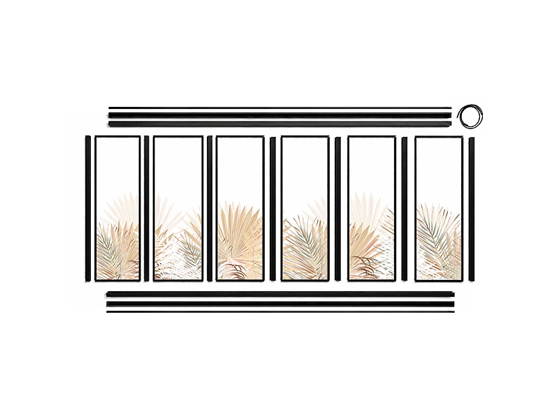 Verrière atelier intérieure aluminium noir 6 vitrages 201 x 117 cm - Décor végétal - Gaïa - beige et transparent - Verre trempé