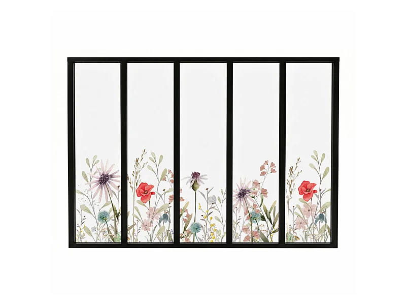 Verrière atelier intérieure aluminium noir 5 vitrages 168 x 117 cm - Décor végétal - Herbier - rouge et vert et transparent - Verre trempé