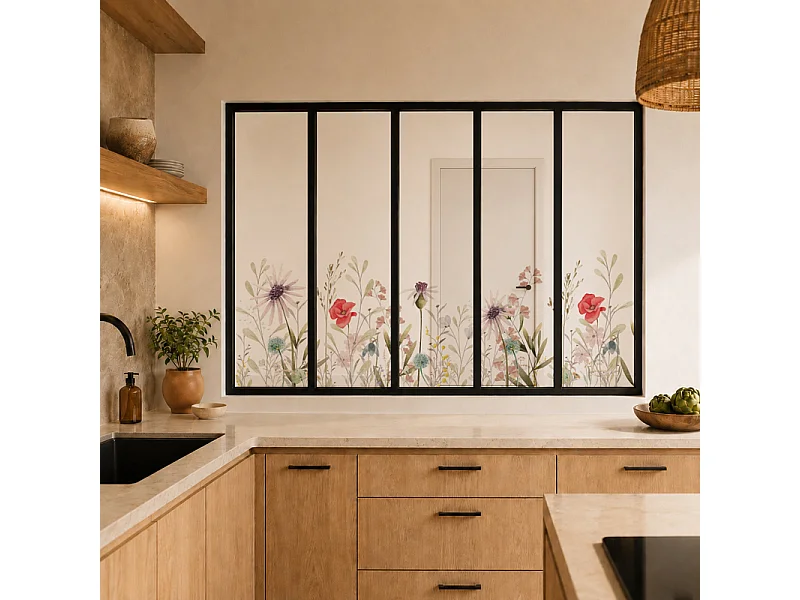Verrière atelier intérieure aluminium noir 5 vitrages 168 x 117 cm - Décor végétal - Herbier - rouge et vert et transparent - Verre trempé