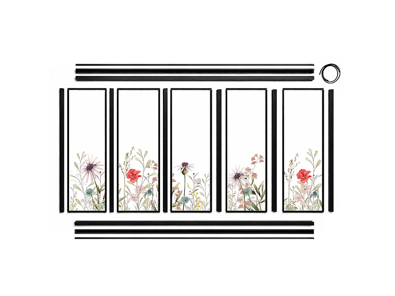 Verrière atelier intérieure aluminium noir 5 vitrages 168 x 117 cm - Décor végétal - Herbier - rouge et vert et transparent - Verre trempé