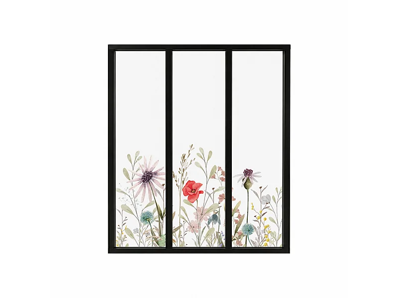 Verrière atelier intérieure aluminium noir 3 vitrages 102 x 117 cm - Décor végétal - Herbier - rouge et vert et transparent - Verre trempé