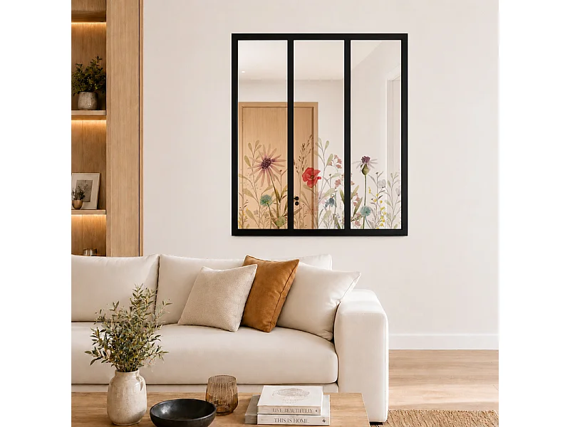 Verrière atelier intérieure aluminium noir 3 vitrages 102 x 117 cm - Décor végétal - Herbier - rouge et vert et transparent - Verre trempé