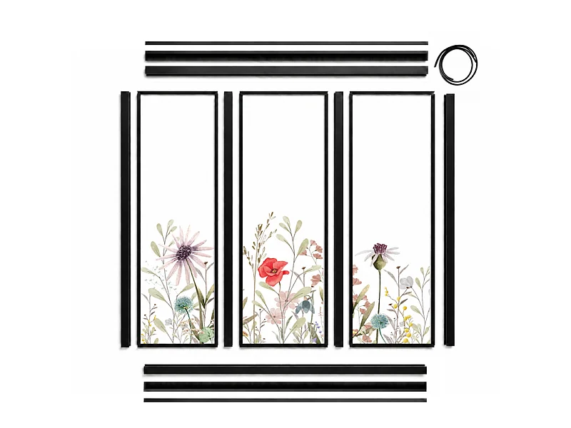 Verrière atelier intérieure aluminium noir 3 vitrages 102 x 117 cm - Décor végétal - Herbier - rouge et vert et transparent - Verre trempé