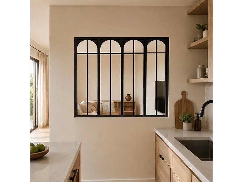 Verrière atelier intérieure aluminium noir 4 vitrages 135 x 117 cm - Décor art déco - Empire - noir et transparent - Verre trempé