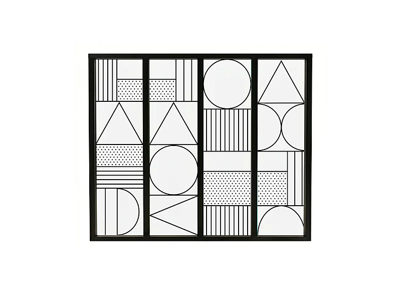 Verrière atelier intérieure aluminium noir 4 vitrages 135 x 117 cm - Décor géométrique - Geometric - noir et transparent - Verre trempé