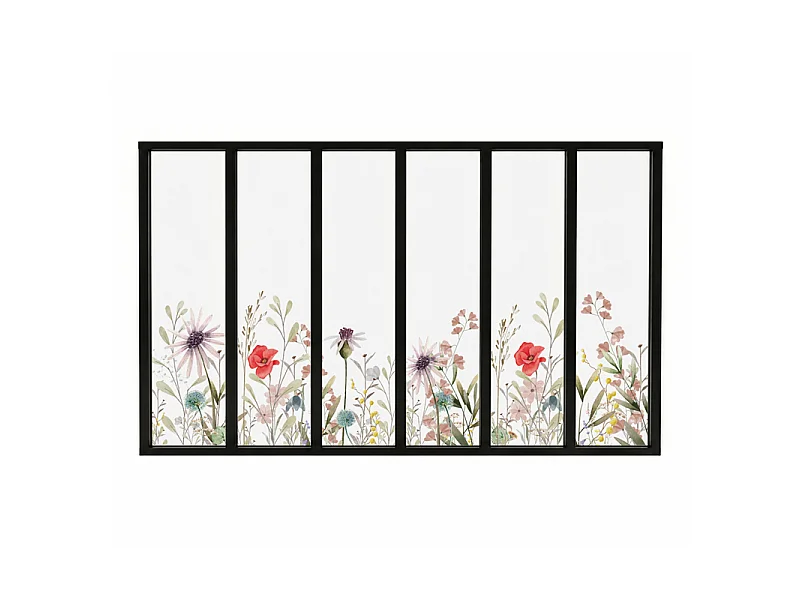 Verrière atelier intérieure aluminium noir 6 vitrages 201 x 117 cm - Décor végétal - Herbier - rouge et vert et transparent - Verre trempé