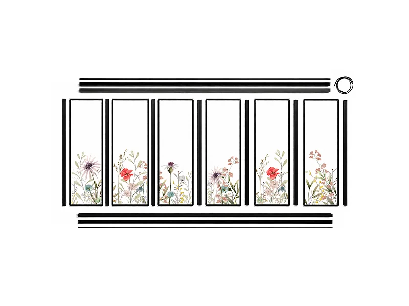 Verrière atelier intérieure aluminium noir 6 vitrages 201 x 117 cm - Décor végétal - Herbier - rouge et vert et transparent - Verre trempé