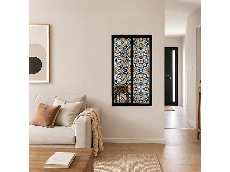Verrière atelier intérieure aluminium noir 2 vitrages 69 x 117 cm - Décor oriental - Zeljane - bleu et multicolore et transparent - Verre trempé