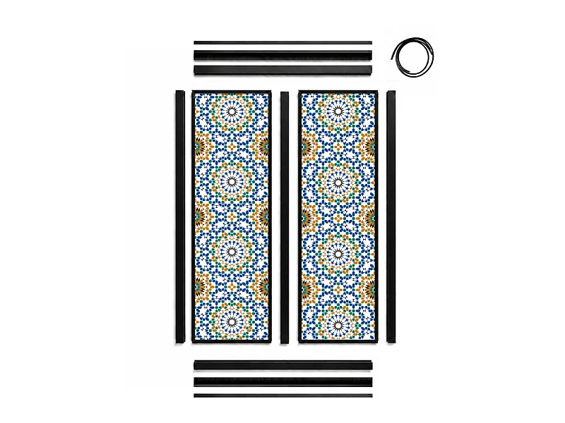 Verrière atelier intérieure aluminium noir 2 vitrages 69 x 117 cm - Décor oriental - Zeljane - bleu et multicolore et transparent - Verre trempé