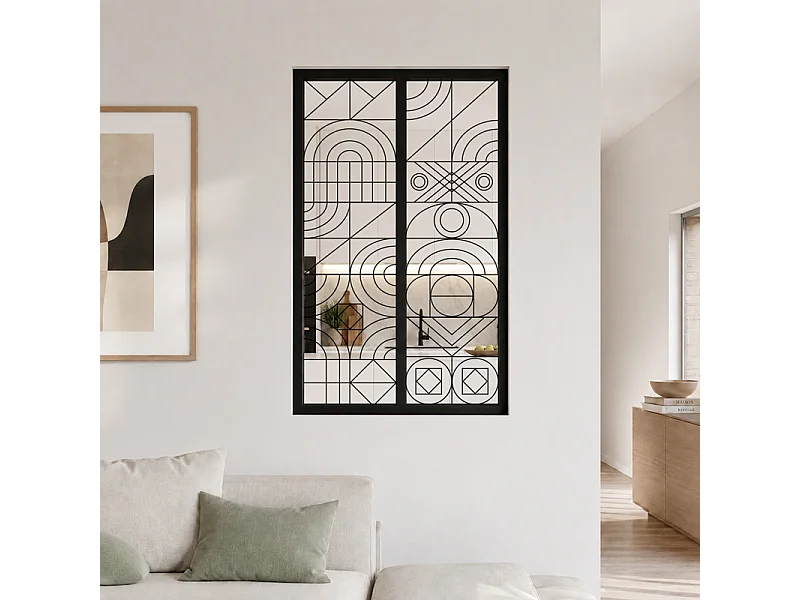 Verrière atelier intérieure aluminium noir 2 vitrages 69 x 117 cm - Décor géométrique - Kaléido - noir et transparent - Verre trempé