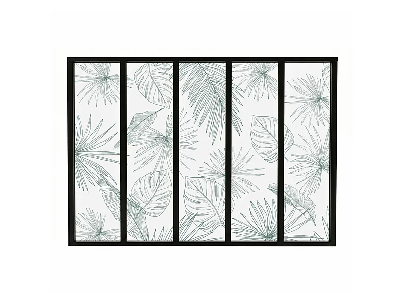 Verrière atelier intérieure aluminium noir 5 vitrages 168 x 117 cm - Décor végétal - Lamnar Vert - vert et transparent - Verre trempé